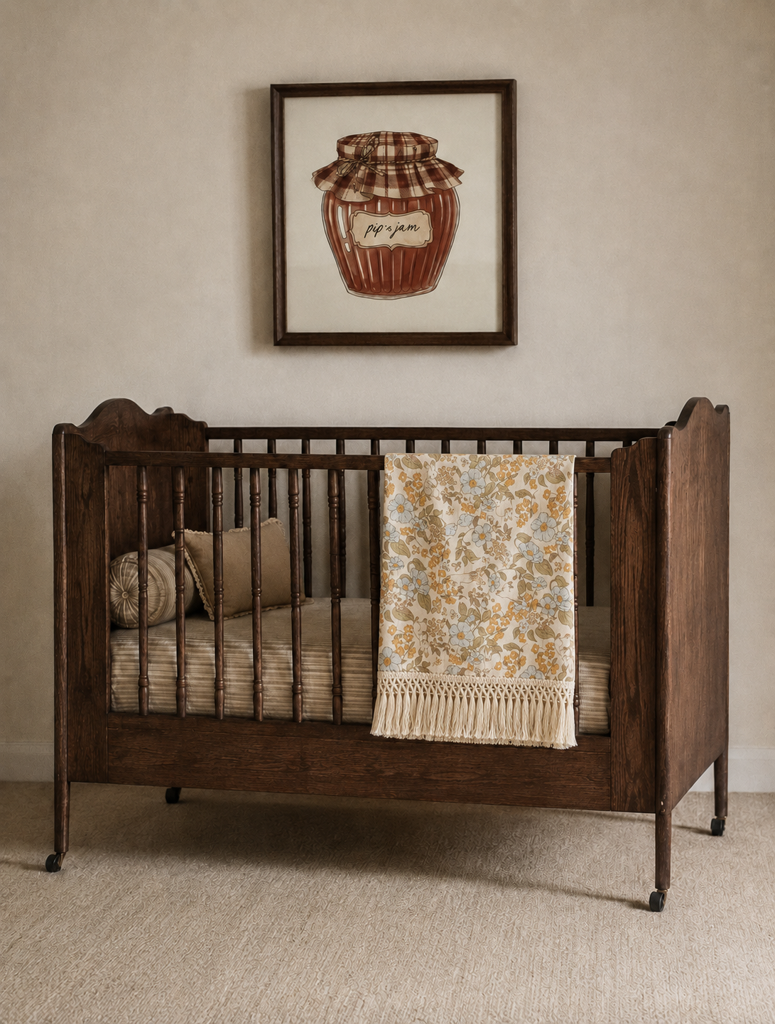 Wooden crib with bedding and a framed picture on the wall in a room with yellow and sky blue floral pattern cotton blanket | Pip & Jam